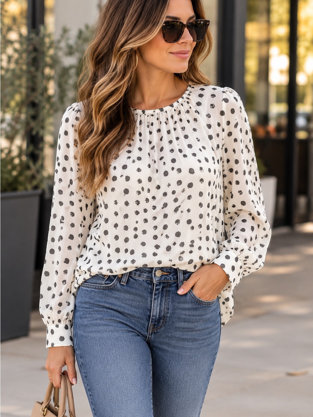 NWOT! Worthington Cream and Black Polka Dot Long-Sleeve Blouse